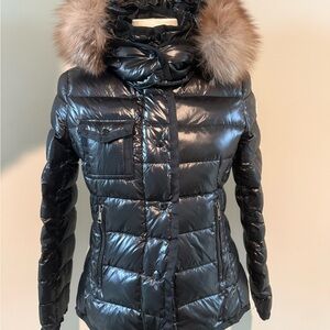 Moncler Amoise Shiny Black DownPuffer Jacket with Fur Hood Size 2